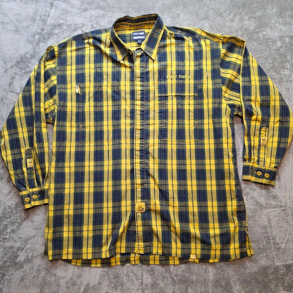 Phat Farm Vintage Button Up Shirt Mens XL Yellow Blue Plaid Long Sleeve Casual